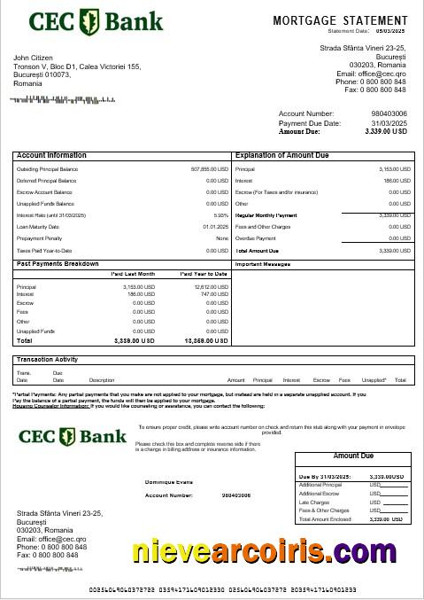 Romania CEC bank mortgage statement